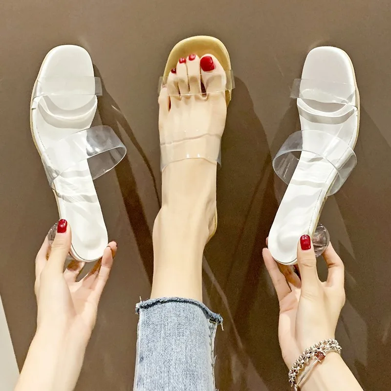 

Slippers For Women Summer Middle Heel Net Red Transparent Lady Sandals With Special-shaped Heels Travel Fashion Beach Shoes