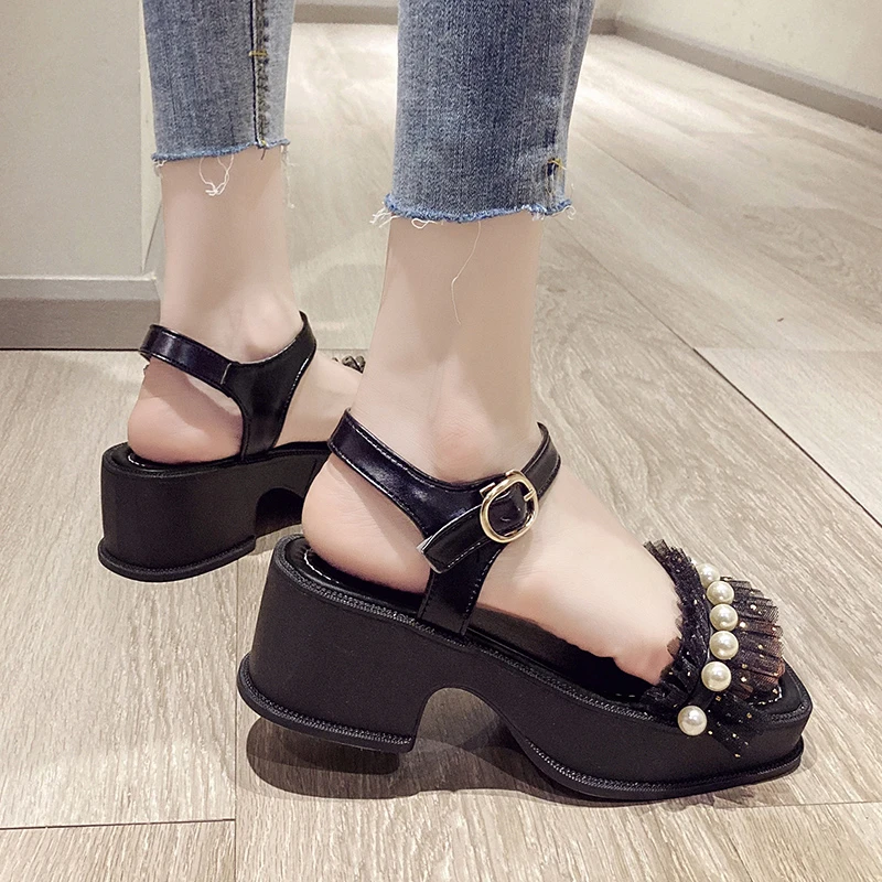 

Lucyever Black Mesh Square Heels Women Sandals 2021 Ladies Elegant Pearl Platform Sandals Woman Ankle Strap Chunky Shoes Woman