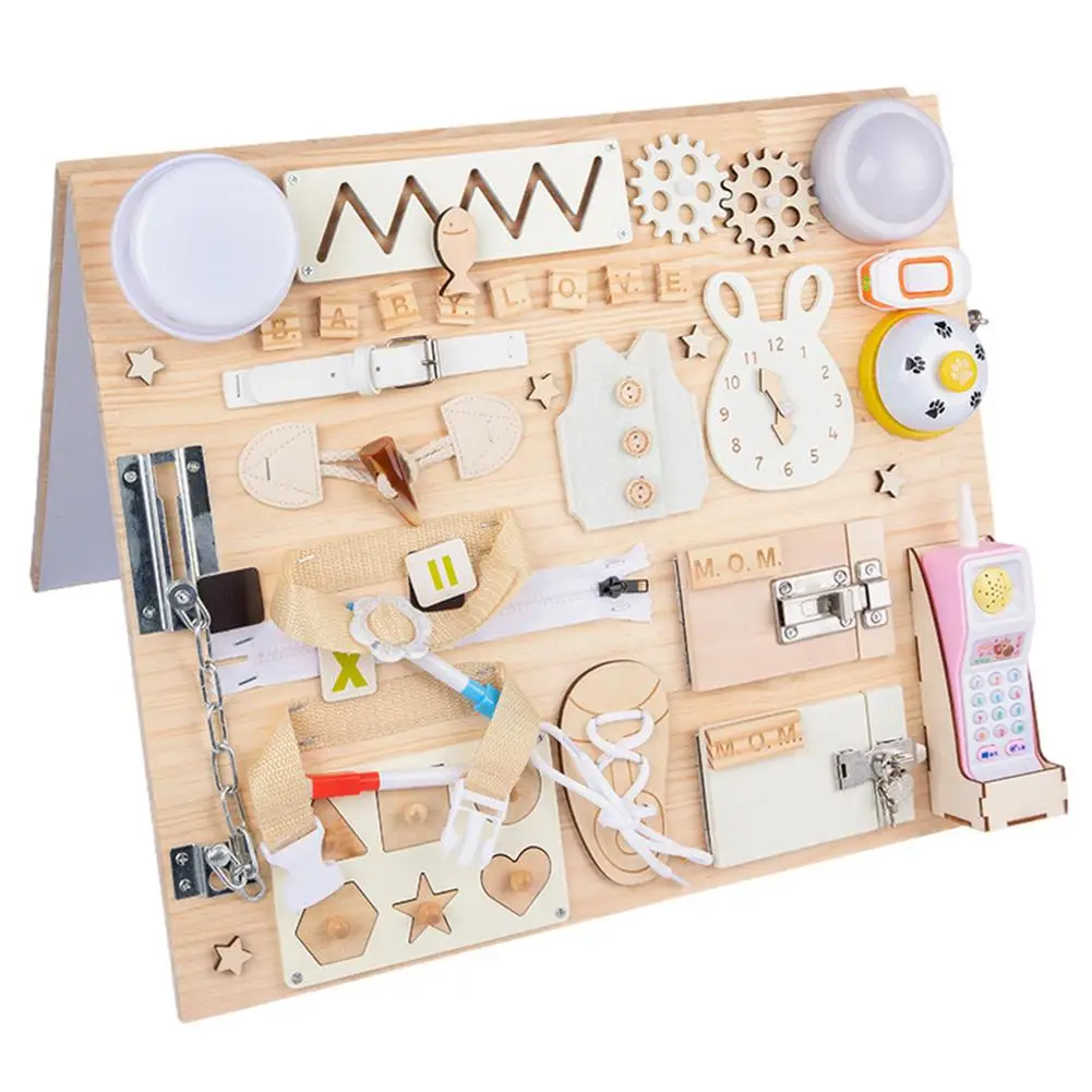 Tablero de madera Montessori para aprendizaje, tablero de madera de colores, bloqueo de hebilla, habilidades b&aacute;sicas para la vida, decoraci&oacute;n del hogar-3