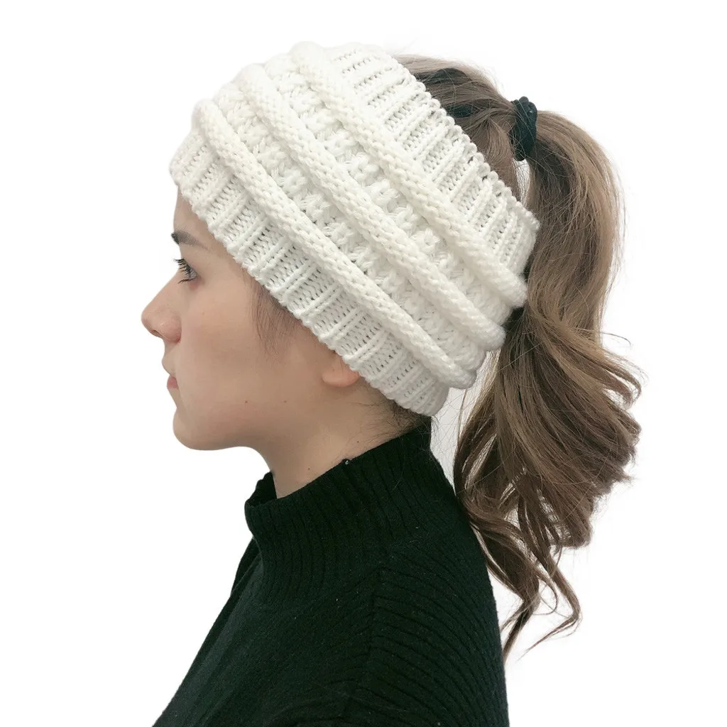 

wool knitted beanie hairband Women Fashion Solid Hats Crochet Knit hole Beanie Cap d90824