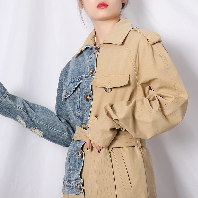 

Unua amo 2022 Spring Coat Women Long Fashion Single-breasted Hit Color Irregular Spliced Denim Windbreaker Female Jacket