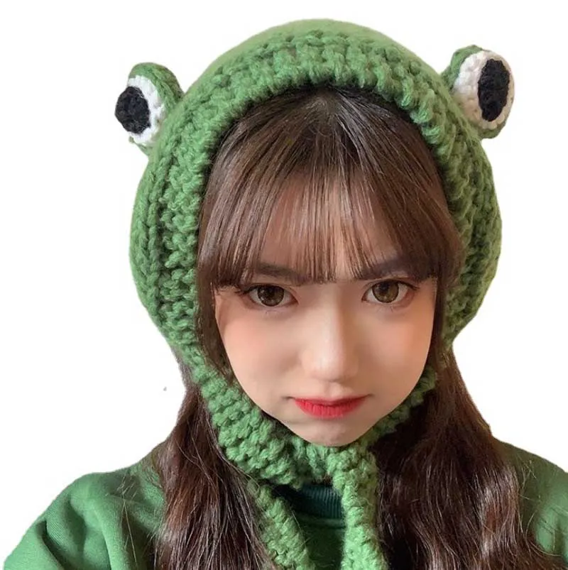 

Cute Frog Hat Knitted Woolen Hat Autumn and Winter Big Eyes Frog Hair Band Hat Headgear Warm Ear Cap Hair Accessories for Girl