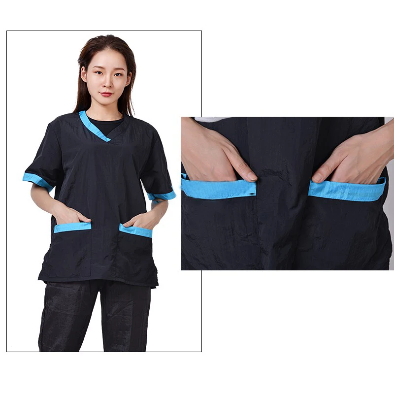 

Short Sleeve Salon Hairdresser Apron Pet Shop & Beauty Salon Color Cloth Splicing Cape Hairstylist Assistant Working Cloths 1417