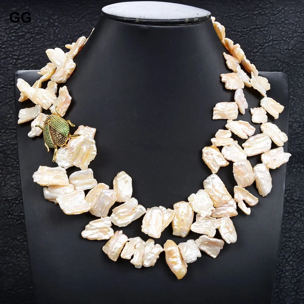 

GG Jewelry 2 Strands Pink Top-drilled Keshi Baroque Pearl Necklace CZ Pave Insect Pendant Women Jewelry