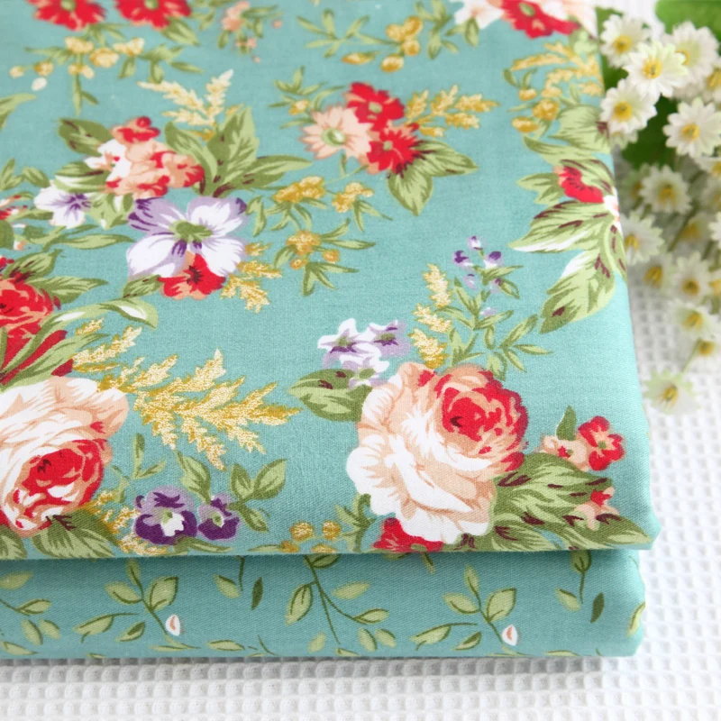 

Flower Enthusiastic Splendid Flora Romantic Rose Blooming 100% Cotton Green Cotton Fabric Patchwork Cloth Bedding Home Decor