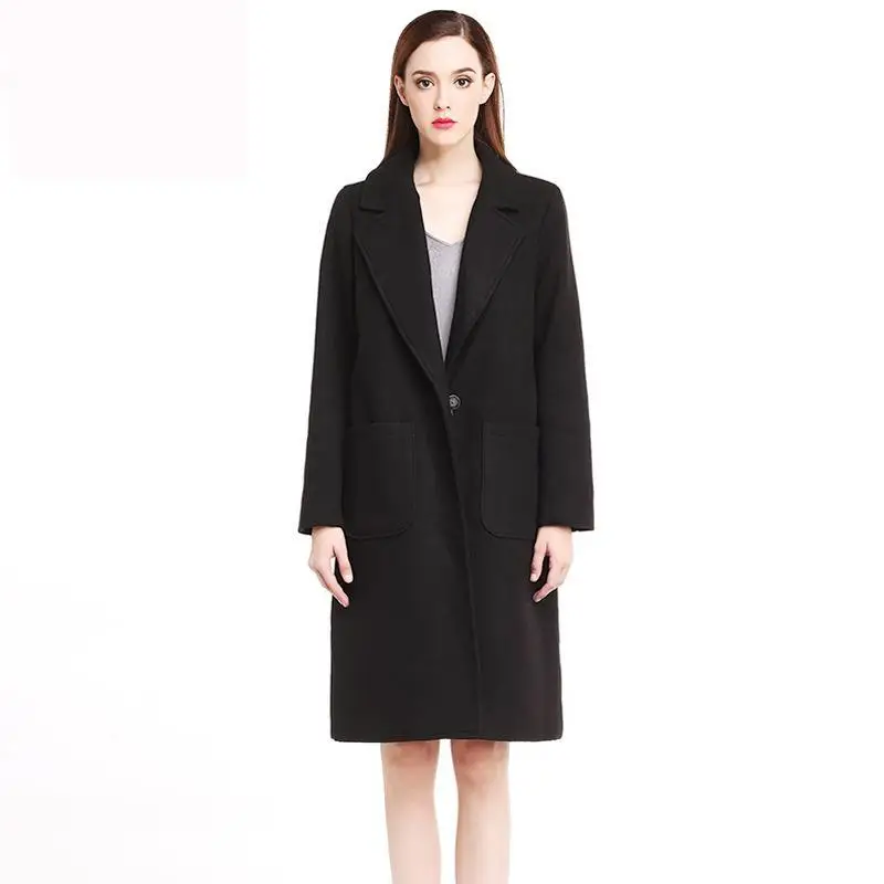 Зимнее женское длинное шерстяное пальто однотонное Свободное с отложным