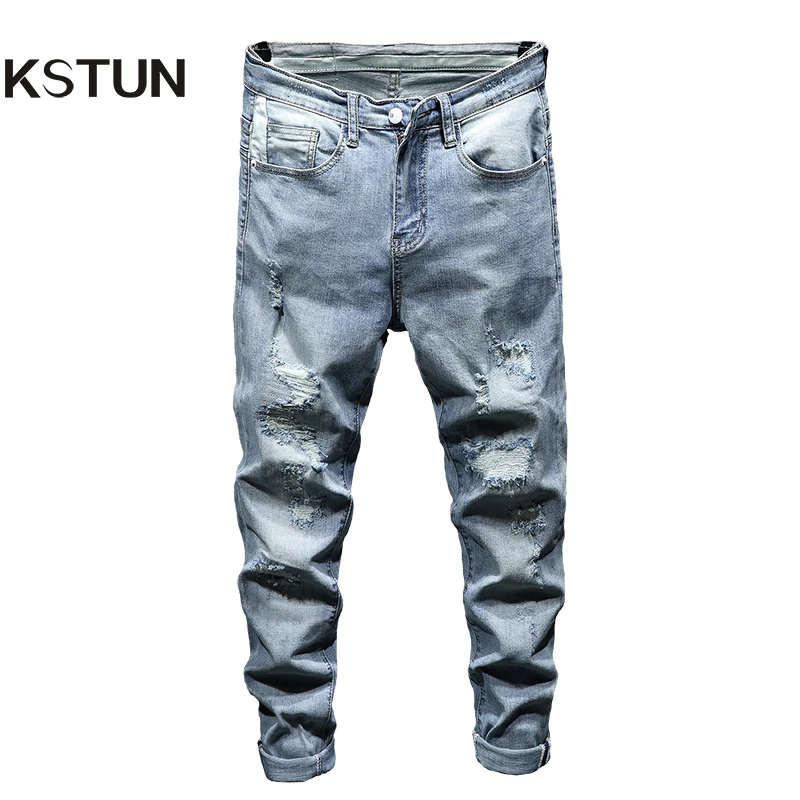 Джинсы мужские рваные узкие Брендовые брюки из денима стрейч светло-голубого