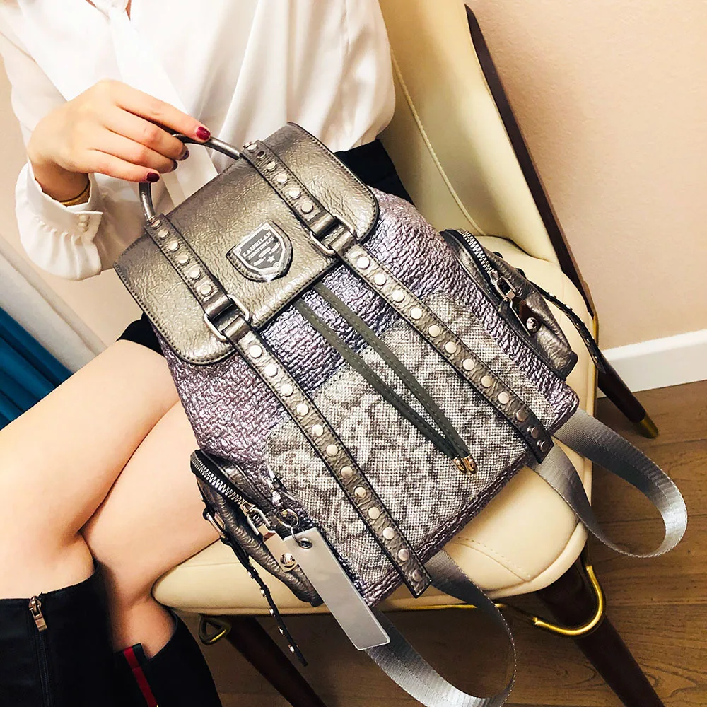 

Bags for Women 2021 New Personality Backpack Fashion Trend Rivet Tide Female Bag Hit Color Leopard Print Mochilas Para Mujer