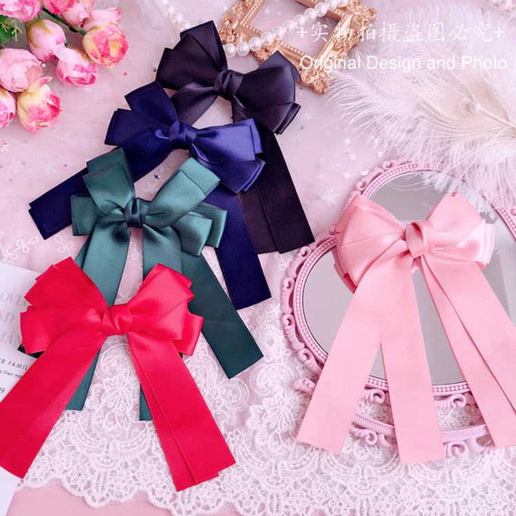 

Japanese Lolita Girls Headdress Elegant Cute Hairpin Double Bowknot Long Streamer Top Clip Women Solid Color Hair Accessories