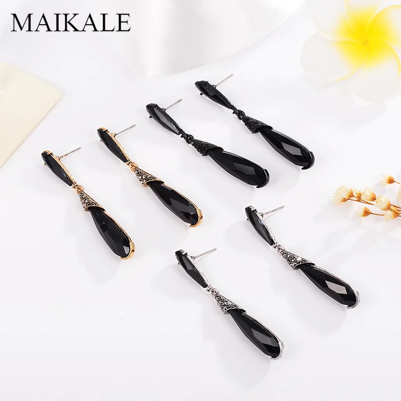 Серьги MAIKALE Vintage Big Crystal Drop для женщин с черным камнем-каплей из родированного металла со золотым и серебряным оттенком. Экстравагантный подарок на каждый день.