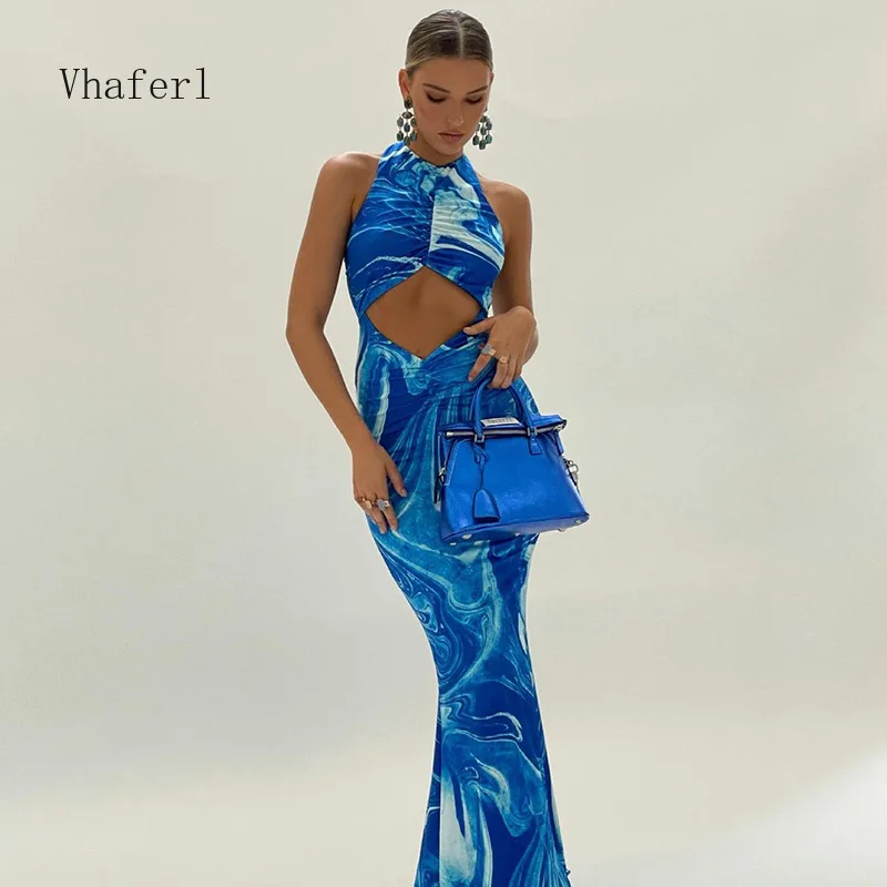 

Vhaferl Summer New Style Dress Women Hollow Out Off Shoulder Backless Print Tie Dye Blue Maxi Dresses Sexy Party Beach Dresses