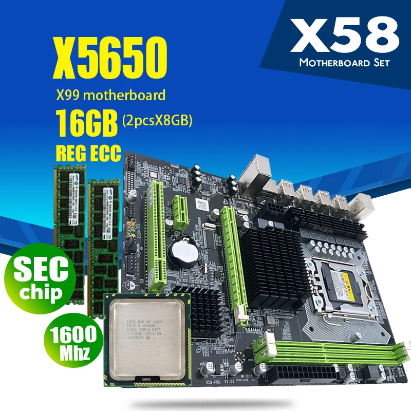 Материнская плата Atermiter X58 LGA1366 Combos X5650 ЦПУ 2 шт. x 8 ГБ = 16 DDR3 ОЗУ 1600 МГц PC3 12800R |