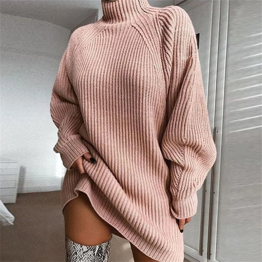 2021 Fall Winter Women's Knitwear Mid-length Raglan Long Sleeve Solid Half Turtleneck Sweater Dress Women Turtleneck Female Top
