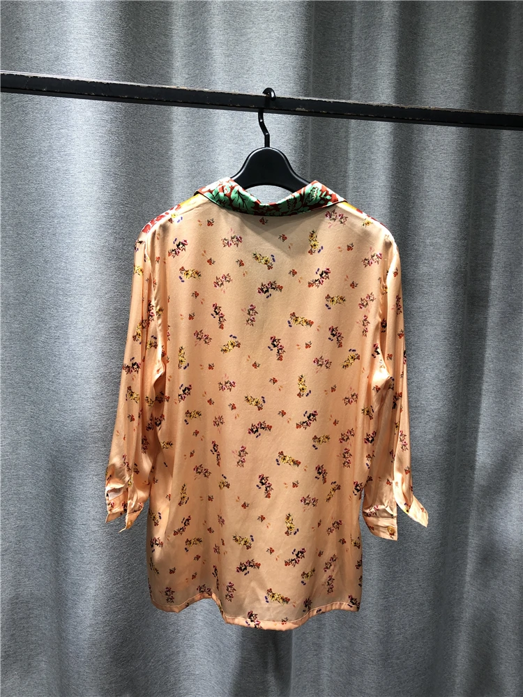 

Tshirt Women 2021 New Products In Spring And Summer Fashion Pure Silk Lapel Seven Points Sleeve Top Flower Pattern Decoration