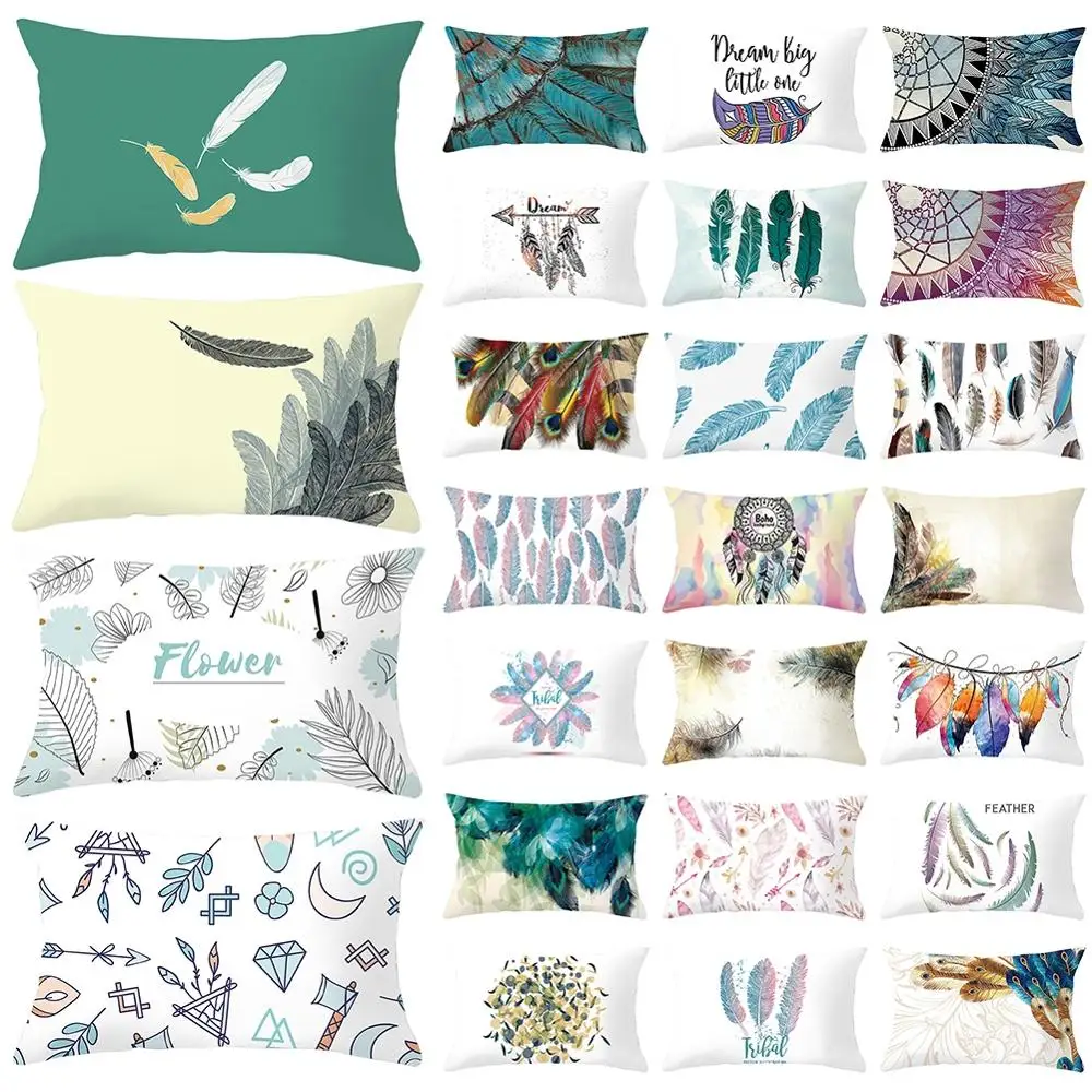 

Feather And Datura Flowers Pattern Minimalism Fashion Short Plush Rectangle Pillowcase Sofa Cushion Cover Comfortable Home Decor