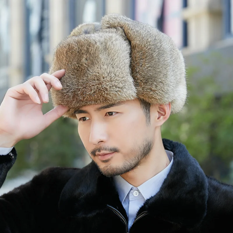 

Winter 100% Fur Rabbit Fur Cap Man Genuine Bomber Hat Windproof Warm Earmuffs Male Flat Grey/Black Russian Hat Fitted Casquette
