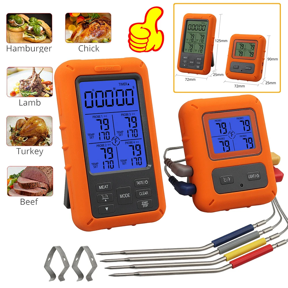 

Grill Oven Kitchen Thermomet With Timer 2-4 Probes Remote Wireless Digital Meat Thermometer BBQ Food Oven Smoker