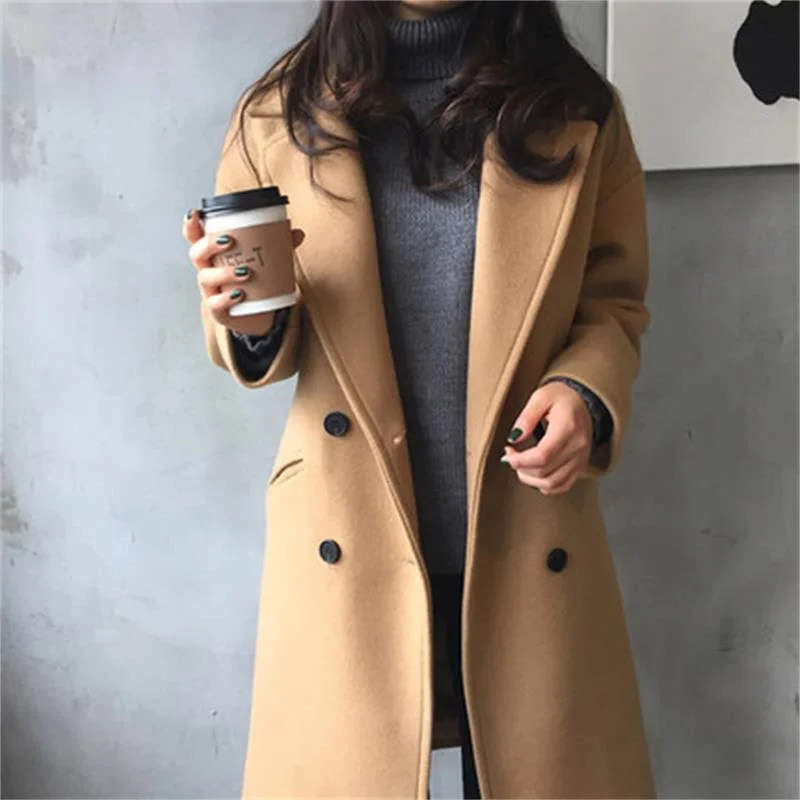 

Slim double breasted black jacket ladies long coat fashion spring new imitation wool coat
