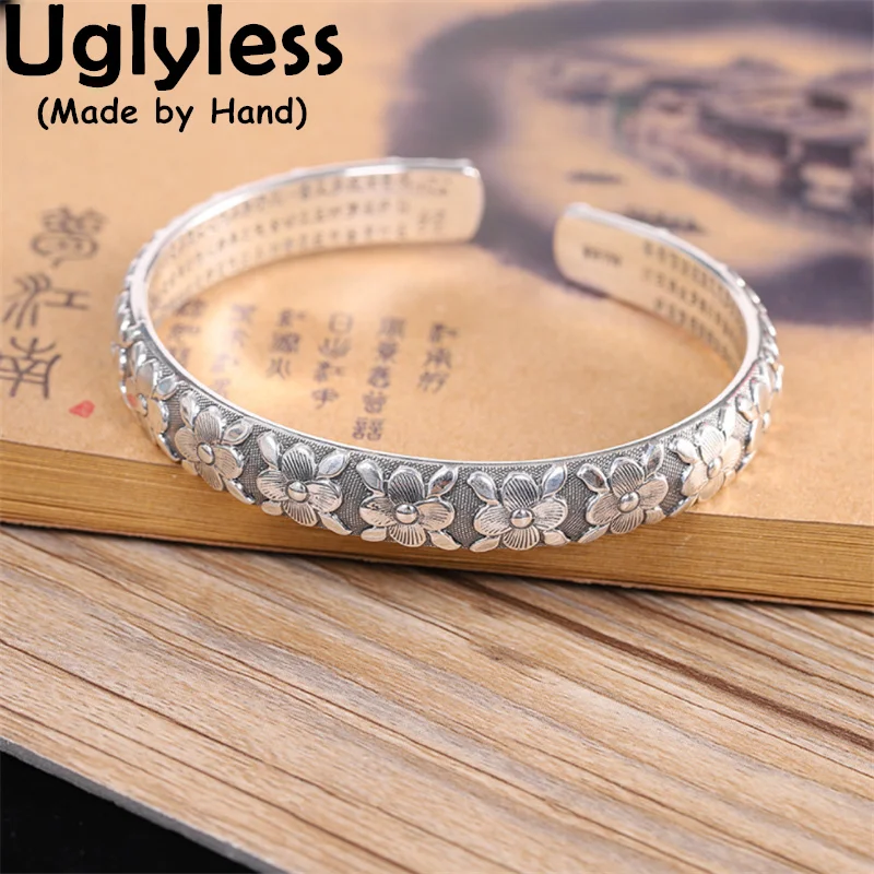 

Uglyless Heart Sutra Buddhism Bangles for Women Thai Silver Flowers Lotus Buddha Hands Jewelry 999 Pure Silver Religious Bangles