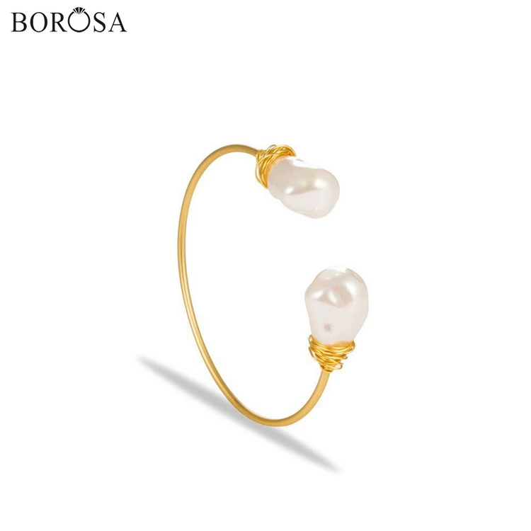 BOROSA нерегулярный белый жемчуг Открытый браслет в золотой ручной работы модный