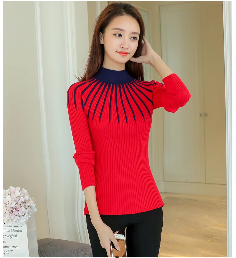 Новинка 2019 женская вязаная Водолазка с длинным рукавом Лоскутные Полосатые