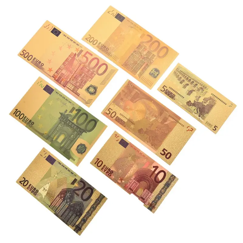 

New 7Pcs/lot 5 10 20 50 100 200 500 EUR Gold Banknotes in 24K Gold Fake Paper Money for Collection Euro Banknote Sets Hot Sale