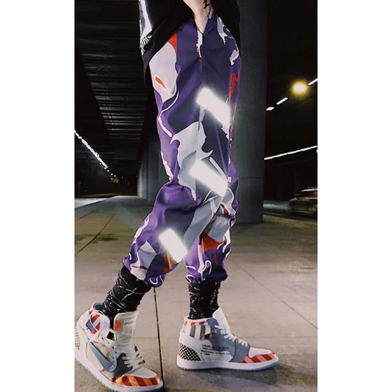 

Men 2020 new arrival spring and autumn hip hop reflective strip male ankle-length pants black purple Korean style n12