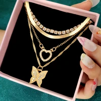 flatfoosie vintage heart butterfly rhinestone pendant necklace for women multi layer simple snake chain necklaces boho jewelry