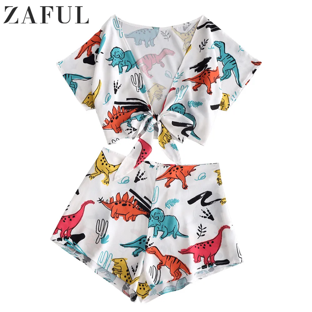 ZAFUL женские комплекты короткий топ с узелком динозавра и шорты на молнии высокой