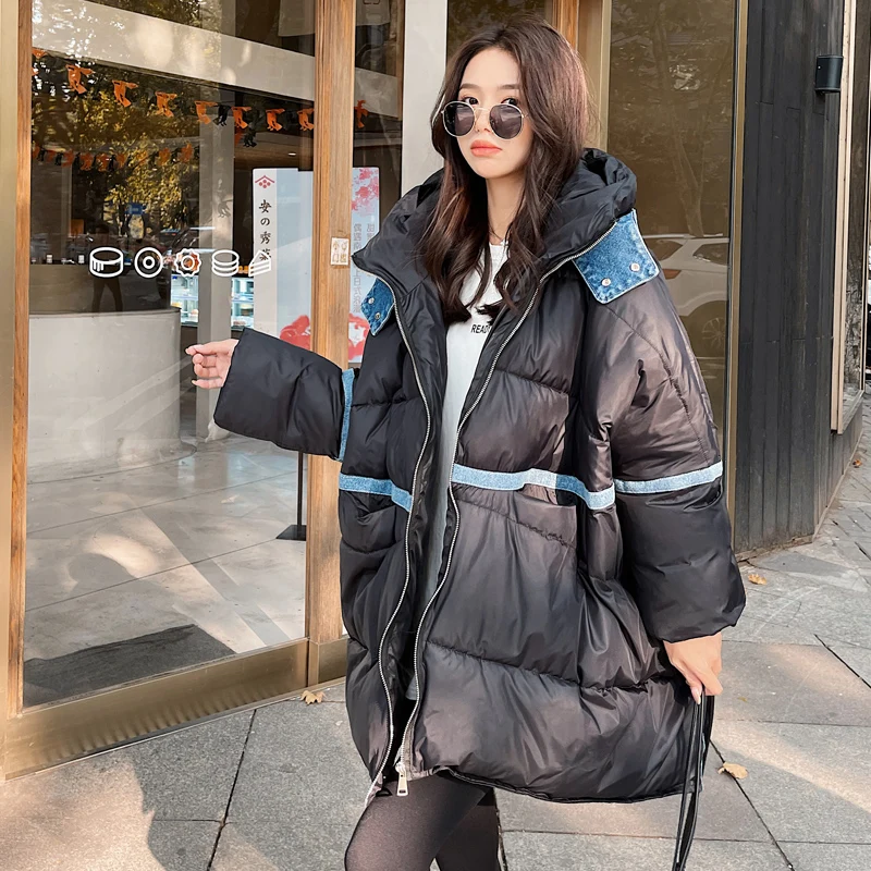 

Женская зимняя куртка с хлопковой подкладкой, черная свободная уличная теплая куртка с капюшоном из денима, 2145