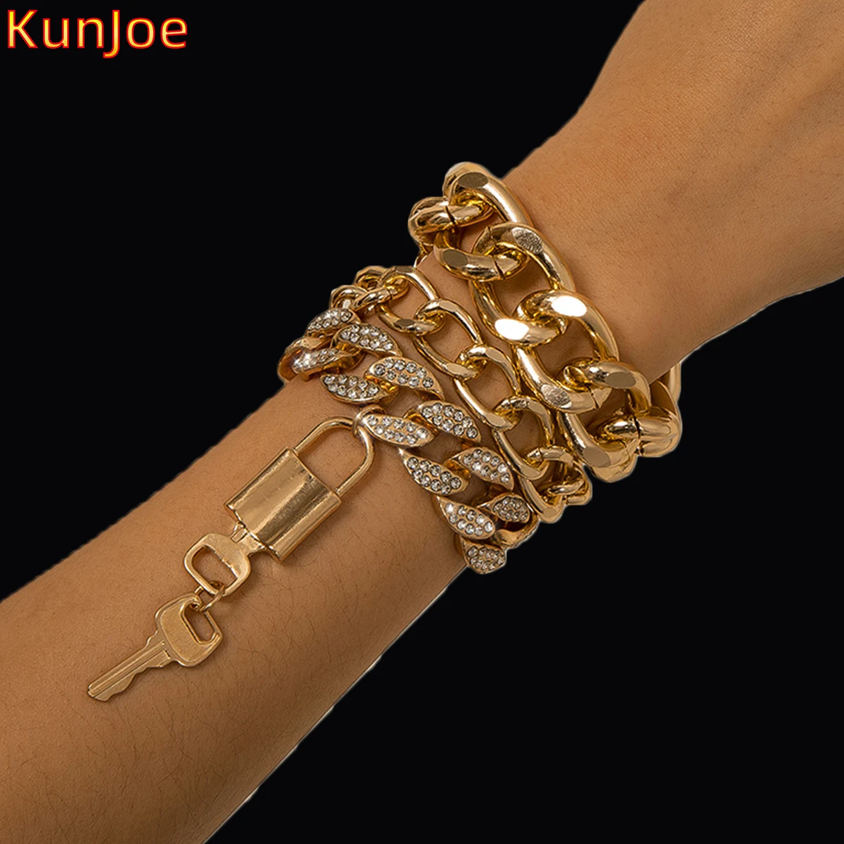 

KunJoe Hip Hop Chunky Thick Cuban Chain Lock And Key Pendant Charm Bracelets Set For Women Girls Couple Bracelet Lovers Jewelry