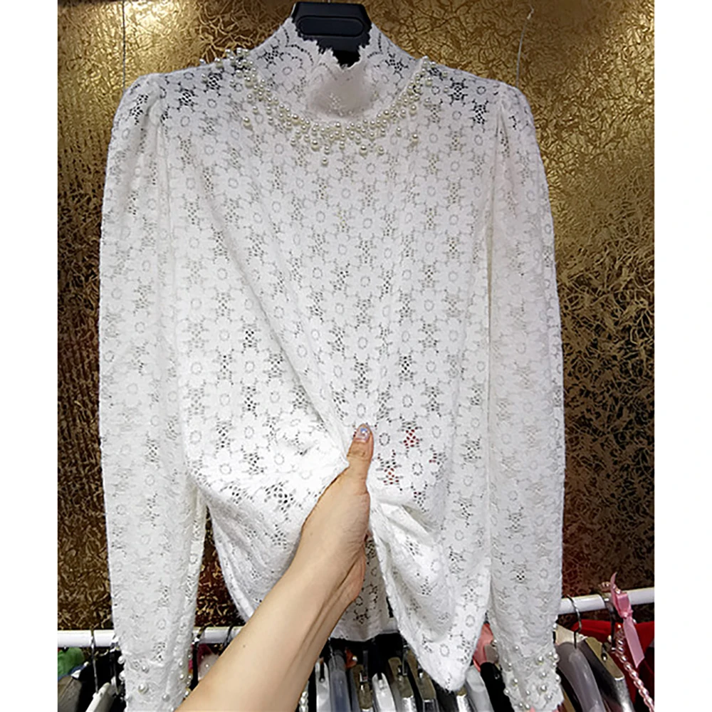 

Fashion Sweet Turtleneck Flower Pearls Beading Lace Blouses Women Casual Ruffles Slim Top Long Sleeve White Autumn Spring Shirts