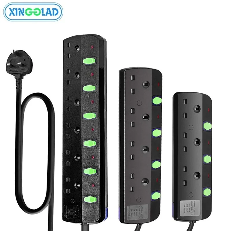 

UK Plug Power Strip Socket 2/3M Cord 3/4/6 Way Outlet 13A Fuse Electrical Extension Surge Protection Independent Control Switche