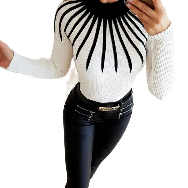 

Элегантные женские осень-зима свитера Цвет одинаковая в стиле «пэчворк» с длинными рукавами и высоким воротником печати Тонкий пуловер вязаный Топ