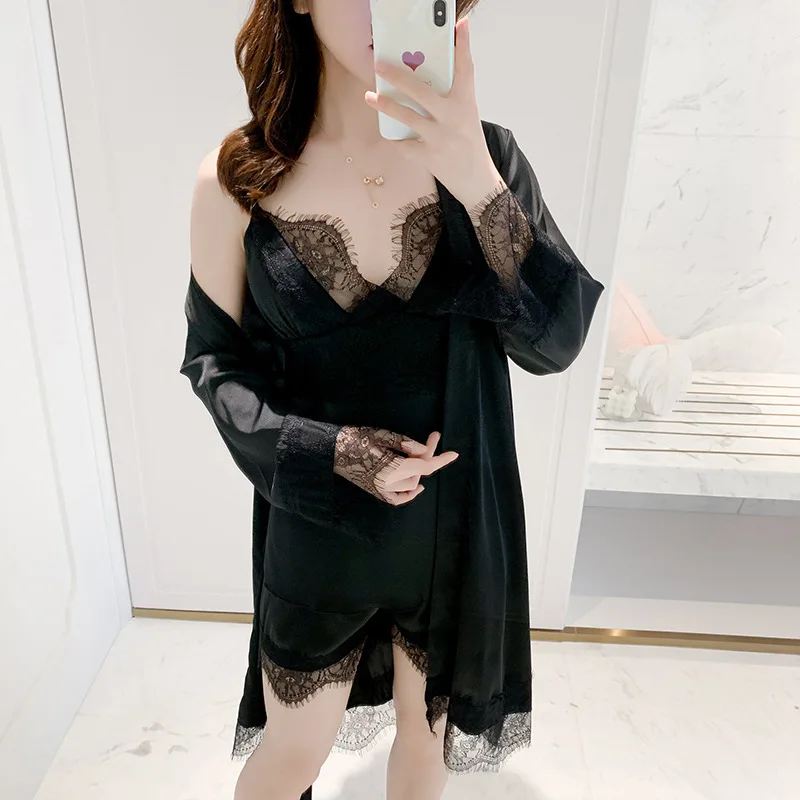 

2020 Spring And Summer New Wave Point Print Suspender Shorts Three-piece Pajamas Gown Sexy With Chest Pad