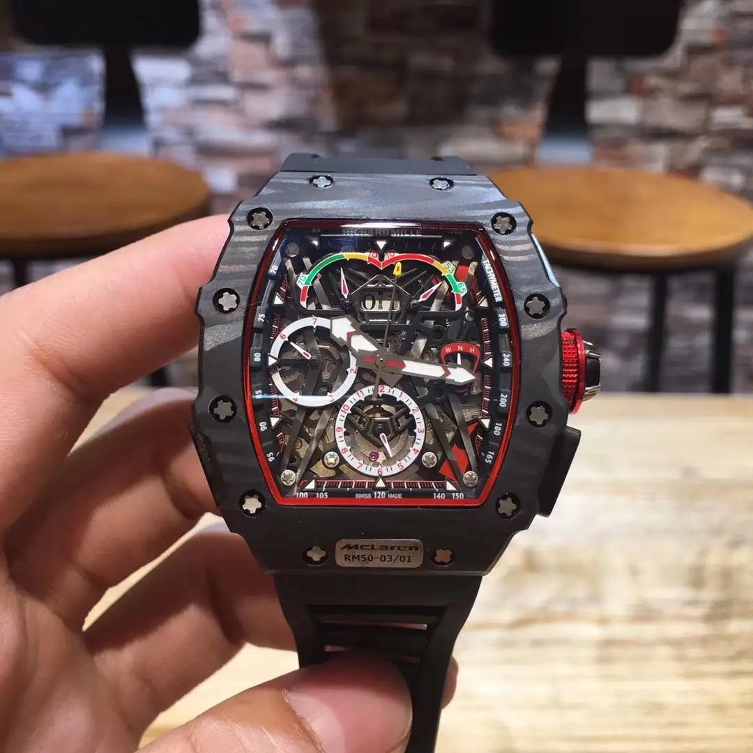 

Classic New Black Case Men Watch Sapphire Automatic Mechanical Limited Flyback Carbon Fiber Red Rubber Wristwatches