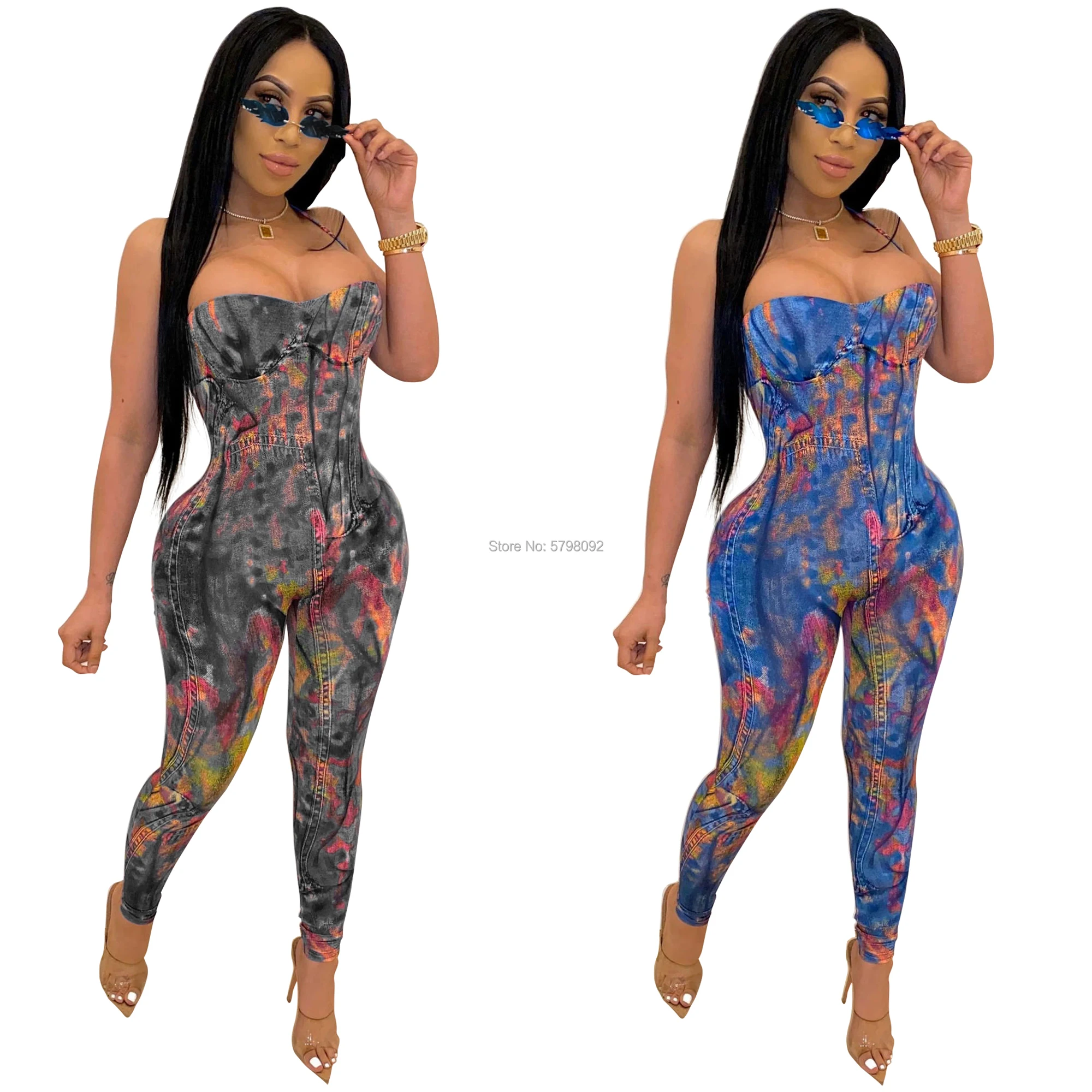 Комбинезон женский джинсовый с открытой спиной и принтом граффити | Женская