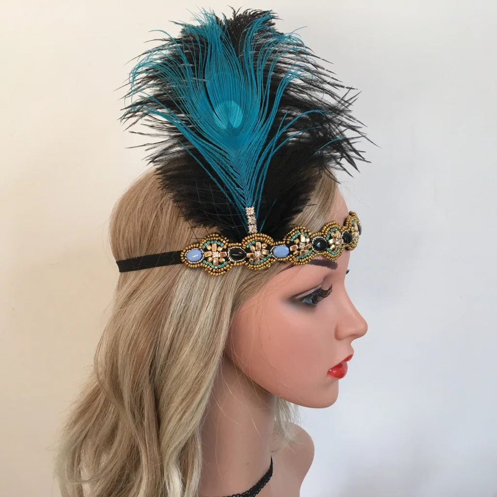 

1920s Flapper ободок с перьями павлина 20s головной убор Showgirl с блестками