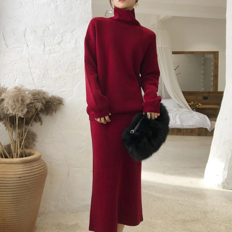 Fashion women's dress 2020 autumn and winter new fashion knitted suit slim sweater + skirt two-piece suit