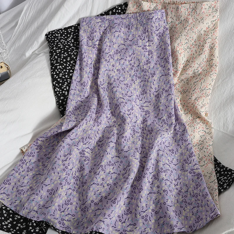 

Sweet Floral Skirt Women Summer Korean Style Chiffon Thin Skirts High Waist Maxi Skirt Femme Purple Blue Fashion Bottoms