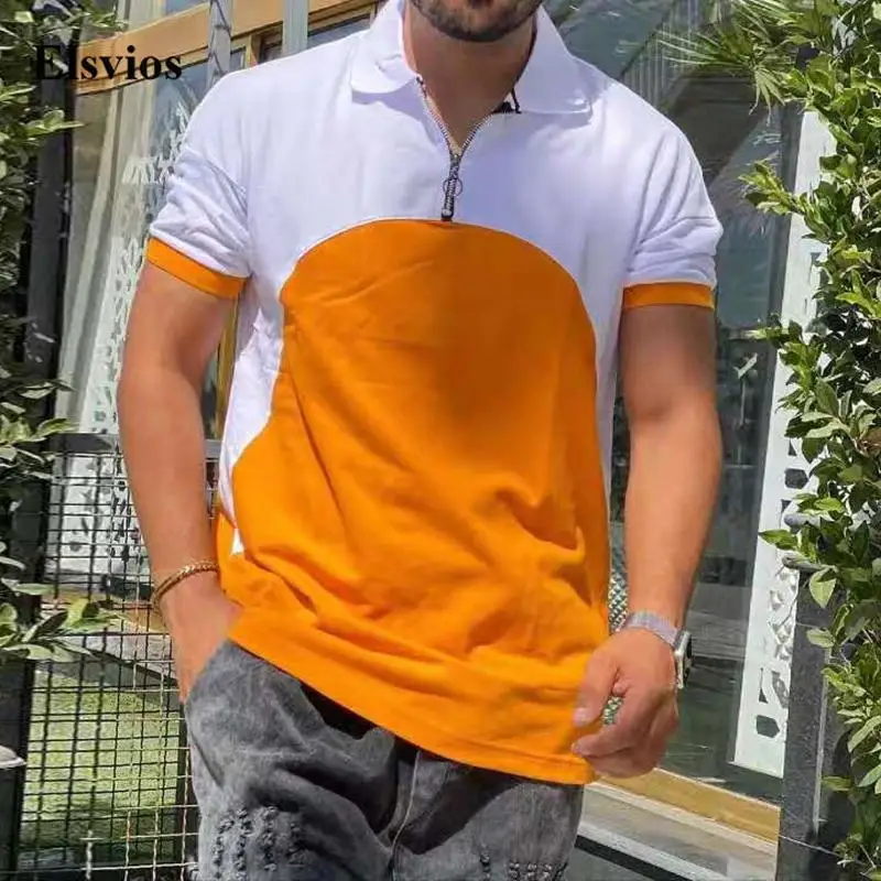 

Fashion ZipTurn-down Collar Male Tops Summer Short Sleeve Patchwork Polo Shirts 2021 Men Casual Autumn Shirt Pullover Streetwear