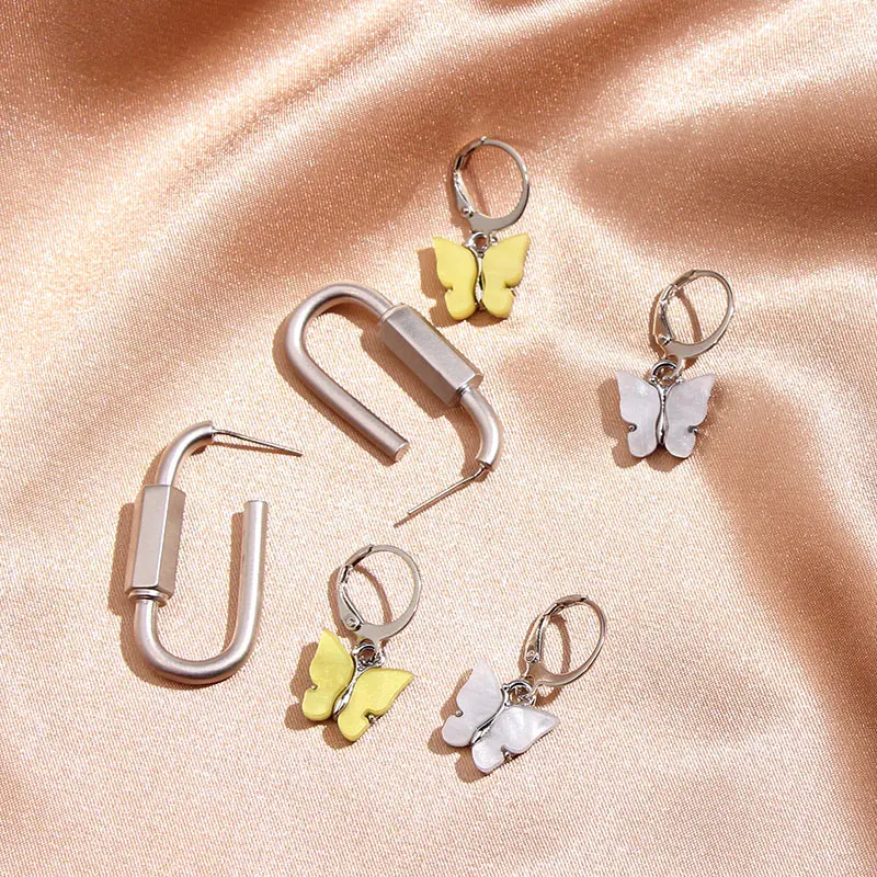 JJFOUCS 3Pair/Set Trendy New Silver Color Carabiner Drop Earring For Women Acrylic Resin Butterfly Dangle Sets Jewelry | Украшения и