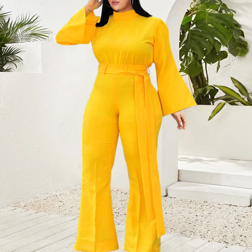 

Желтый комбинезон с расклешенными рукавами, Женские однотонные брюки с высокой талией и широкими штанинами, офисные комбинезоны, элегантны...