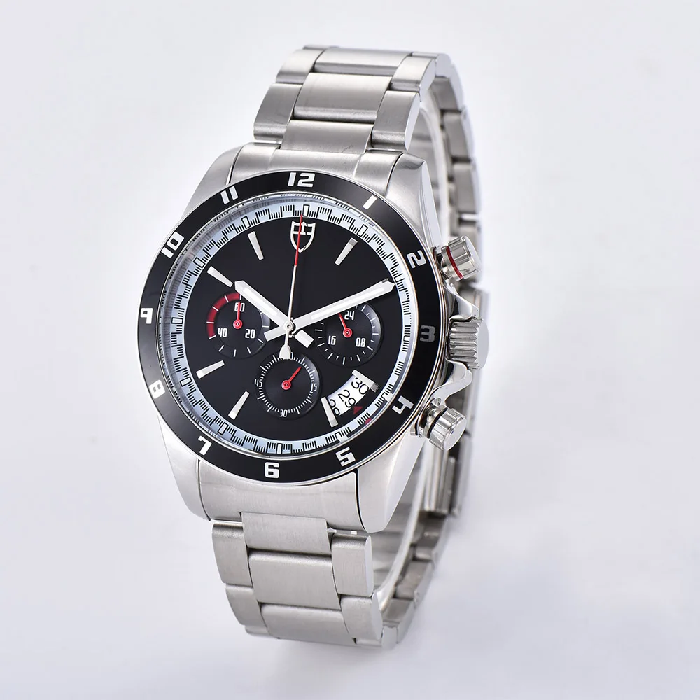 

Quartz VK63 movement watch chronograph bomax marina black dial 43MM pointer steel bracelet Aluminum bezel U-31