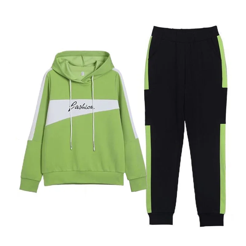 

Casual Sports Set New Fashion Loose Spring Autumn Hooded Sweater Two Piece Set Trousers White Green Plus Size Clothes