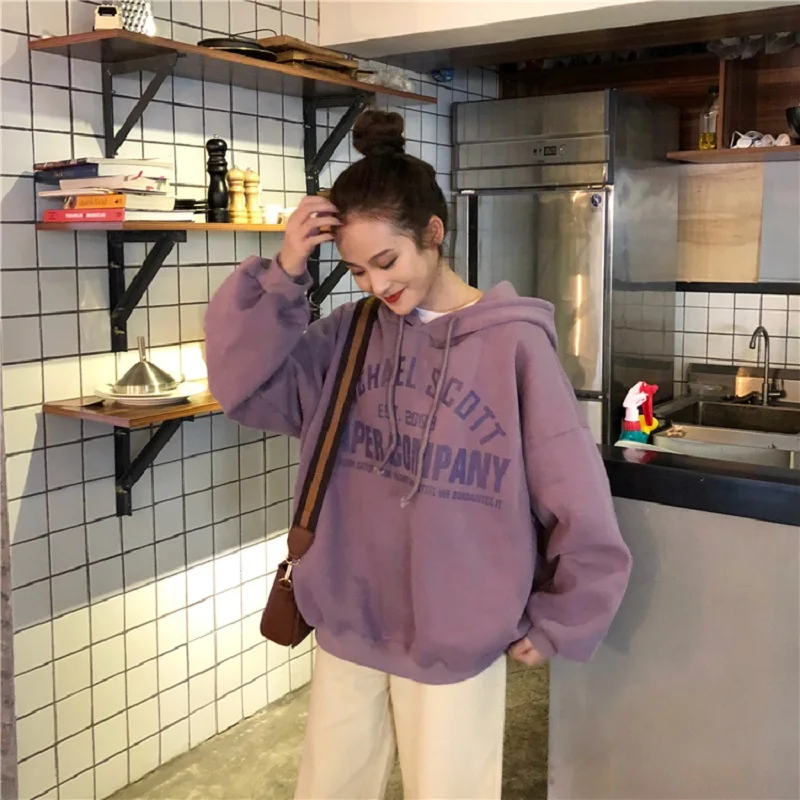 Зимний шикарный Harajuku винтажный консервативный стиль с капюшоном плюс бархатная толстовка женская мода Свободный с капюшоном Повседневная Женская толстовка
