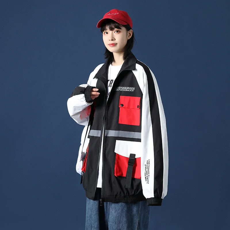 

Men And Women Casual Loose Patchwork Outerwear Polyester Ribbons Pockets Turn-down Collar Young And Energetic Couple Outfit Coat