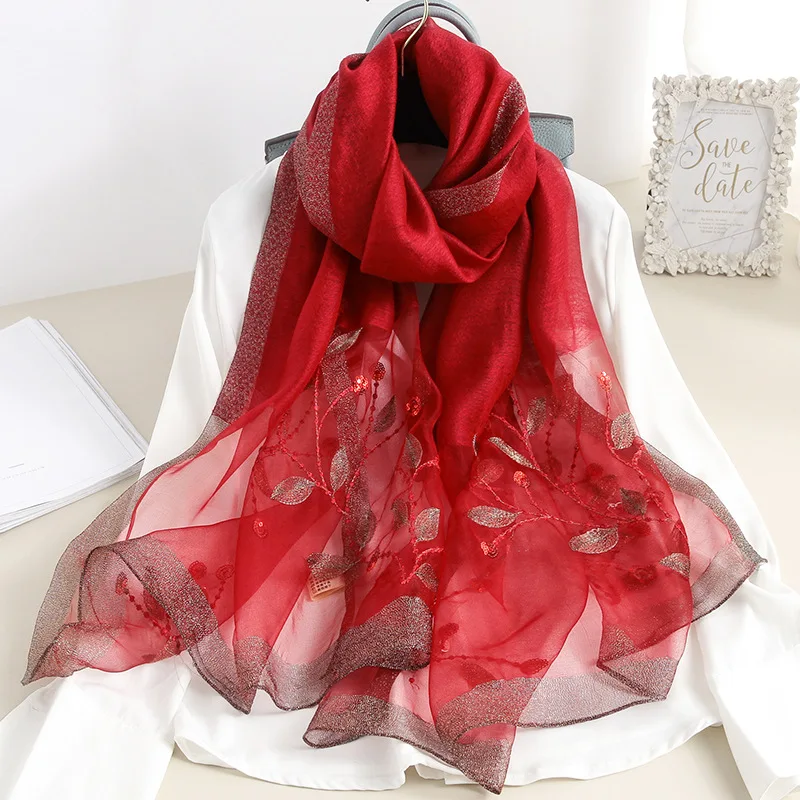 

Fashion Ombre Floral Natural Silk Wool Scarf Lady Embroider Shawls and Wraps Pashmina Muslim Hijab Foulard Femme Beach Stoles