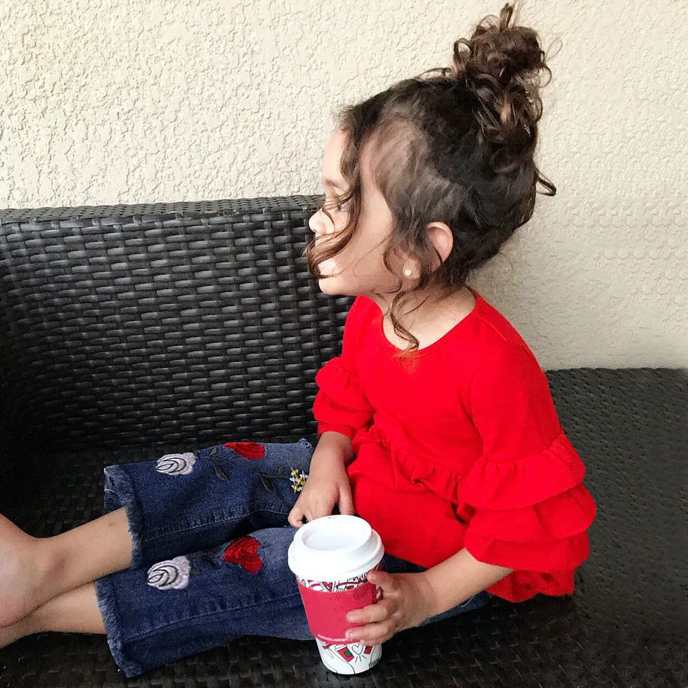 Детский однотонный топ с оборкой и короткими рукавами джинсы вышивкой одежда для