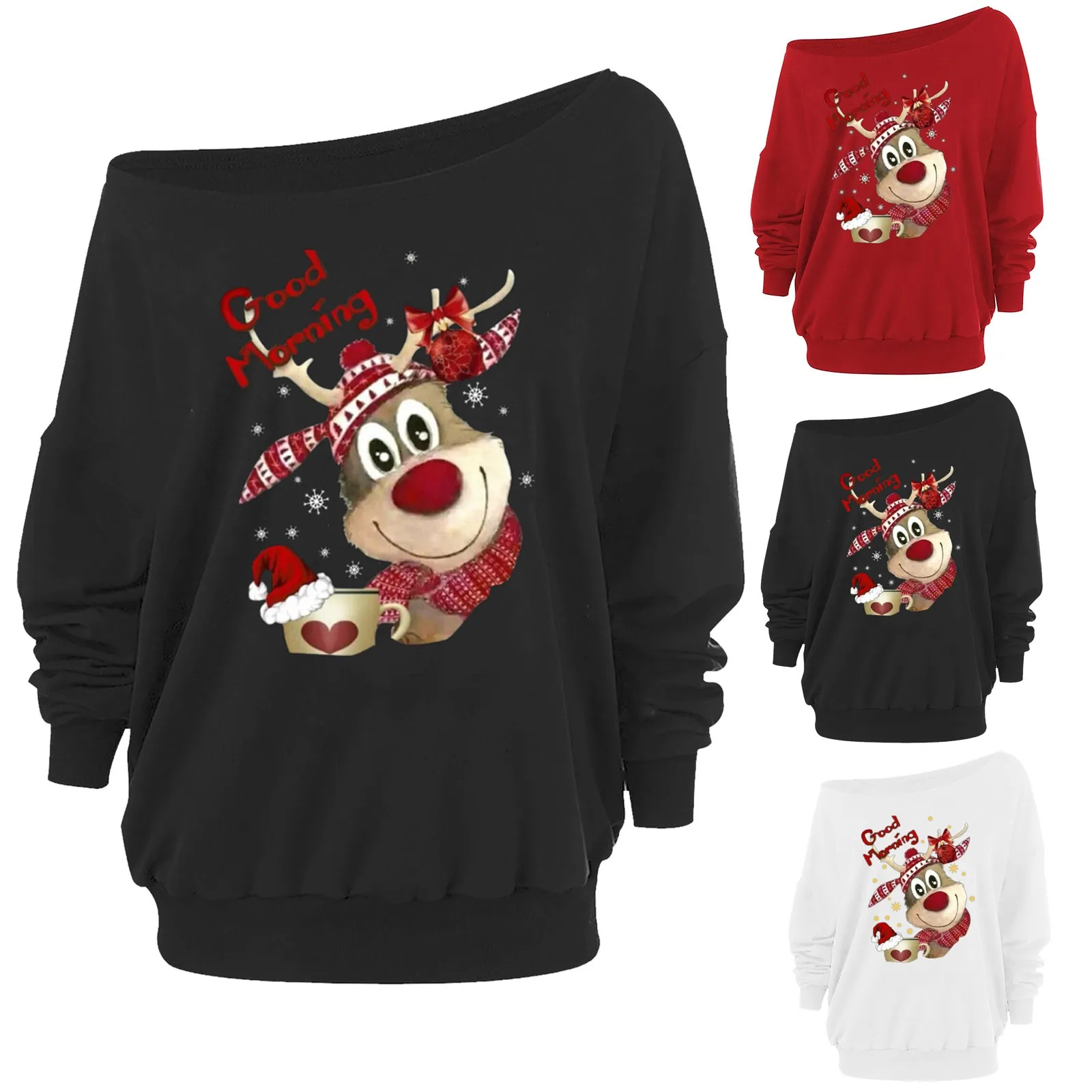 2021 Sweatshirt Women Fashion Solid Color Christmas Print Long Sleeve Long Sleeve Diagonal Collar T-shirt Top Bluza Felpa #dz